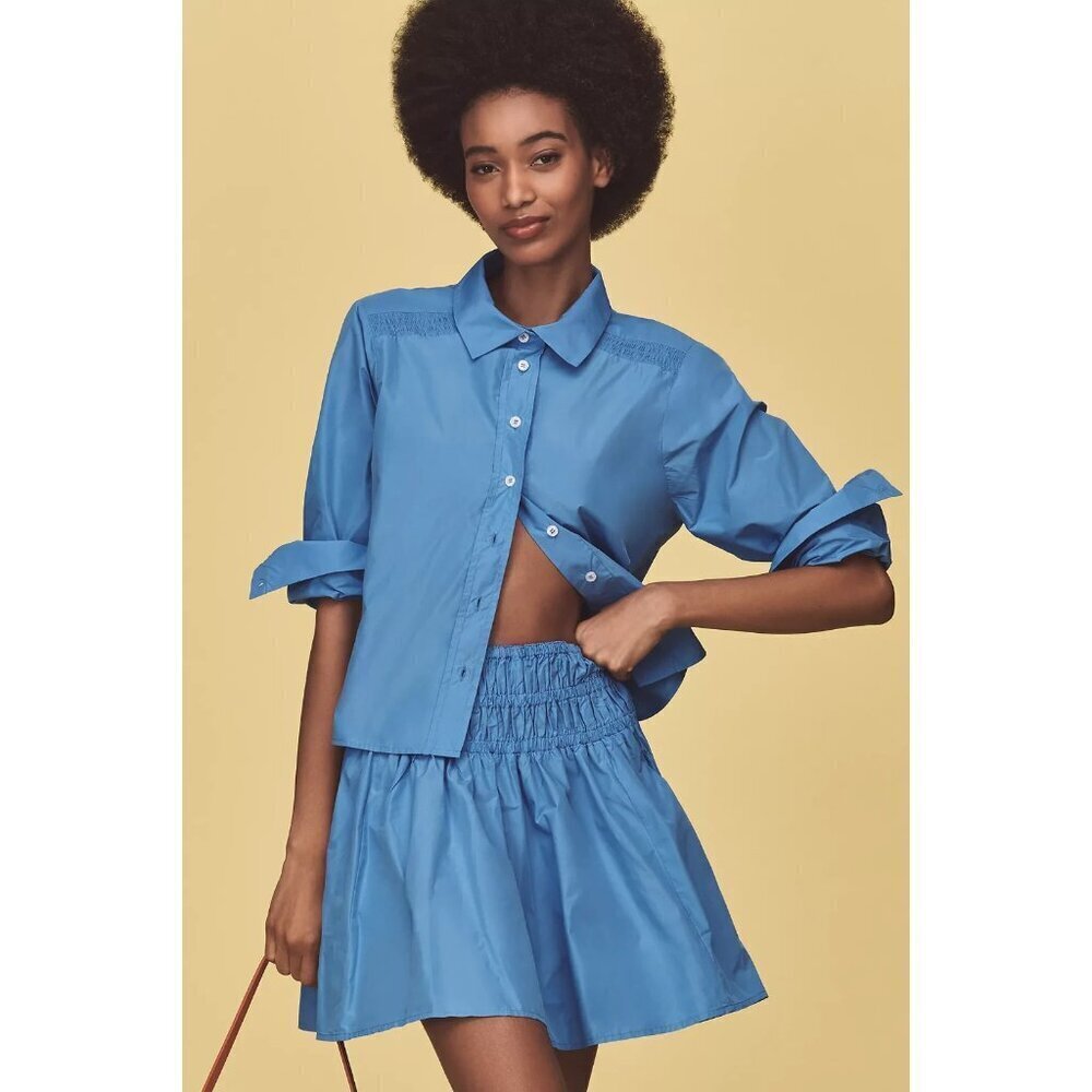By Anthropologie Smocked Drop-Waist Mini Skirt Blue L - Picture 3 of 4